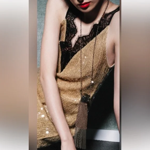 Zara Sequined Gold and Black Lace Dress NWT - Picture 7 of 9